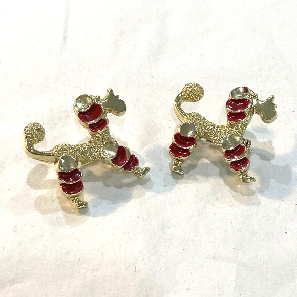 Mid Century Poodle Scatter Pins Pair Goldtone & Red Enamel Doggie Puppy Brooches - Picture 2 of 9